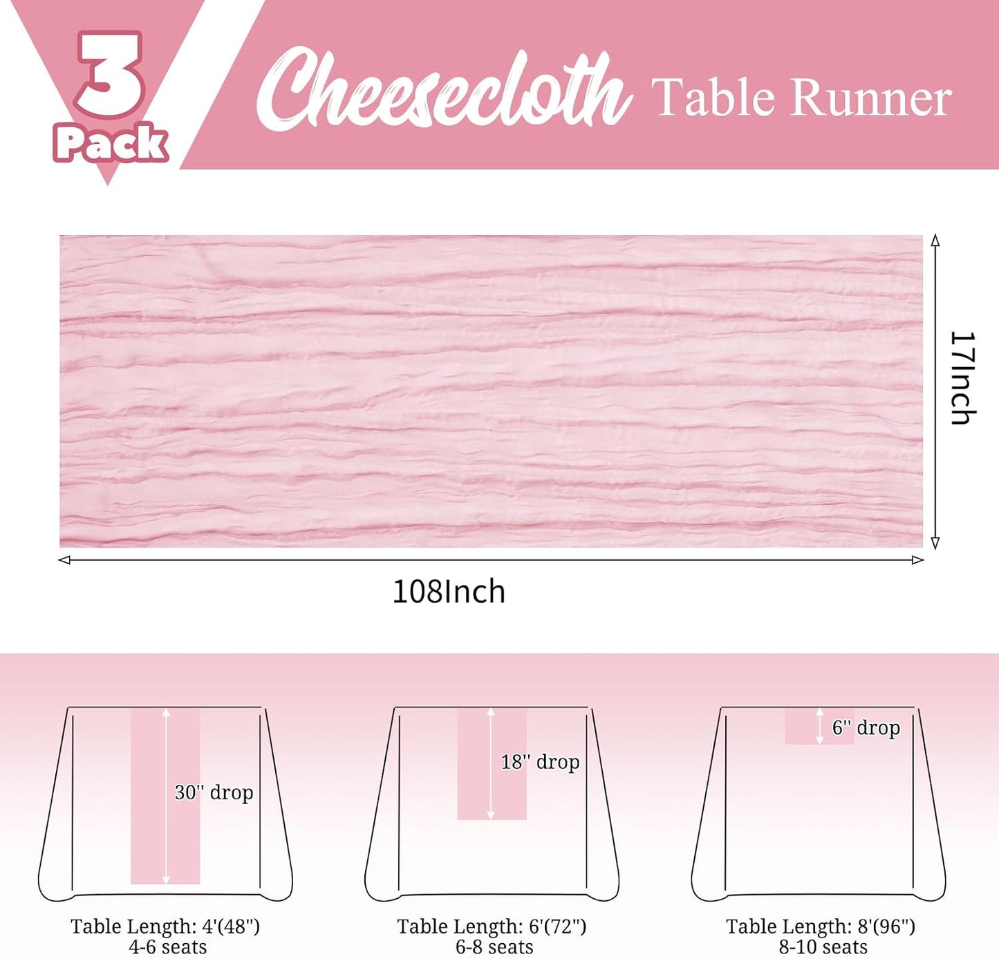 3 Pack Pink Table Runner 17 x 108inch Cheesecloth Table Runner Boho Gauze Table Runners Rustic Sheer Fabric Cheese Cloth Table Runners for Wedding Party Bridal Baby Shower Spring Table Decor