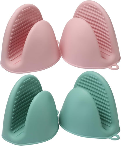 4PCS (2 Pairs) Silicone Oven Mitts, Heatproof Mini Cooking Gloves for Pizza Stone/Air Fryer/Grill, Non-Slip Compact for Baking, Cooking (Light Green&Pink)