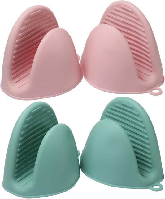 4PCS (2 Pairs) Silicone Oven Mitts, Heatproof Mini Cooking Gloves for Pizza Stone/Air Fryer/Grill, Non-Slip Compact for Baking, Cooking (Light Green&Pink)