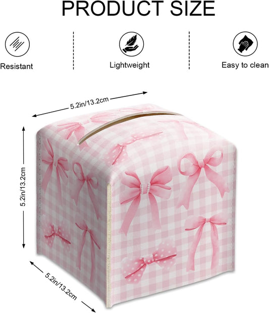 Pink Bows Tissue Box Cover Square, Leather Tissue Box Holder with Bottom Belt, Bows Home Decoration for Bathroom Vanity Countertop, Nightstands, Dining Table, Office, Car -32
