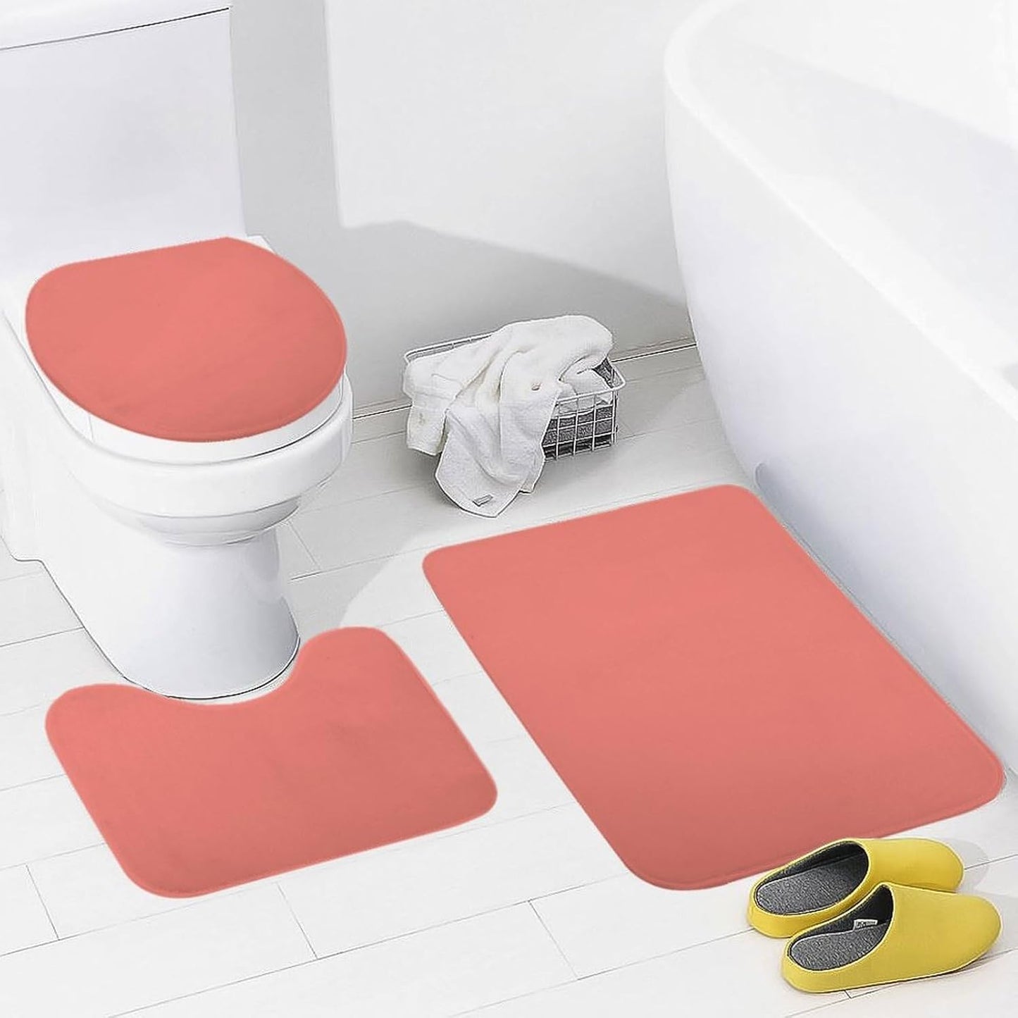 3 Pieces Bath Rug Sets, Coral Pink Solid Color Bathroom Mat Set Non Slip U Shaped Contour Rug & Toilet Lid Cover