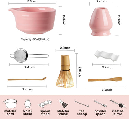 YOLIFE Matcha Whisk Set, PinK Matcha Set, Ceramic Matcha Bowl and Whisk (Chasen), Holder, Sifter, Bamboo Scoop, Spoon & Spoon Rest, 7 Pcs Matcha Kit for Matcha Tea Ceremony