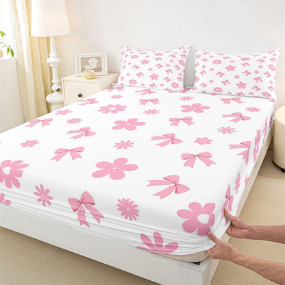 Feelyou Cute Bow Bed Sheets Sets Queen Size Kids Boys Girls Kawaii Flower Floral Bedding Set Pink Bed Sheet Set with 16-Inch Deep Pockets 4Pcs with 2 Pillow Cases