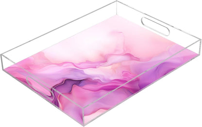 Plastic Food Serving Tray Decorative Vanity Trays for Bathroom Marble Hot Pink Coffee Table Kitchen Counter 11.8 * 15.7in