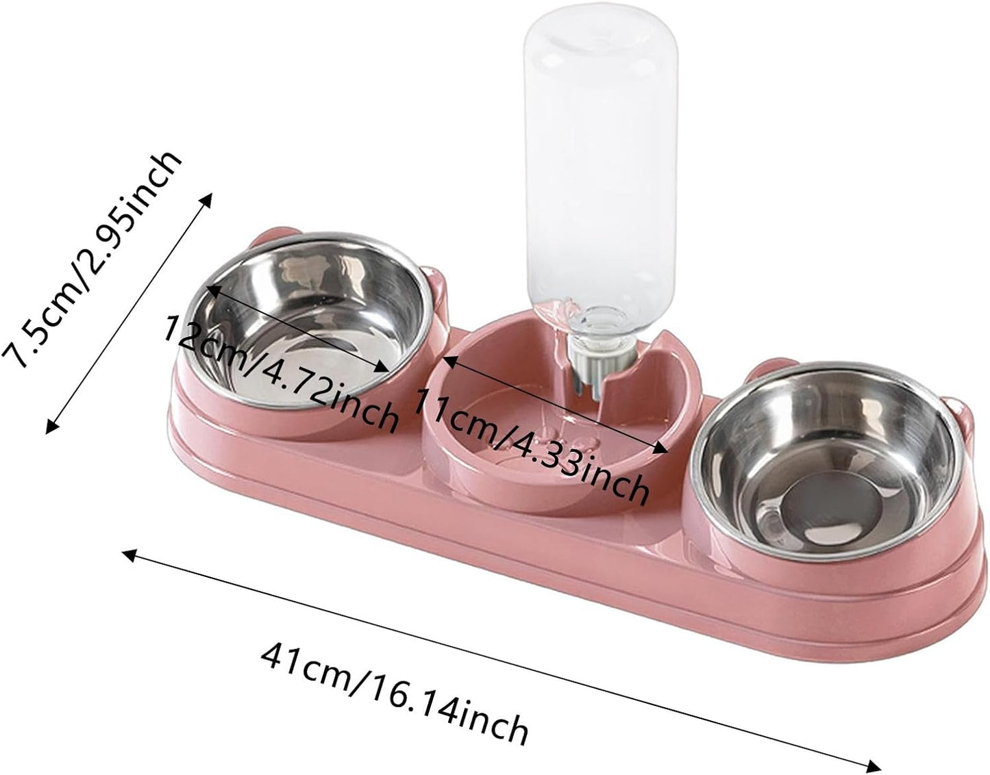 3 in 1 Cat Bowls Pet Feeder with Water Dispenser, 15° Raised Cat Dish Food and Water Bowls Set for Wet/Dry Food, Triple Pet Feeding Station for Rabbit Kitten Bunny (Pink)