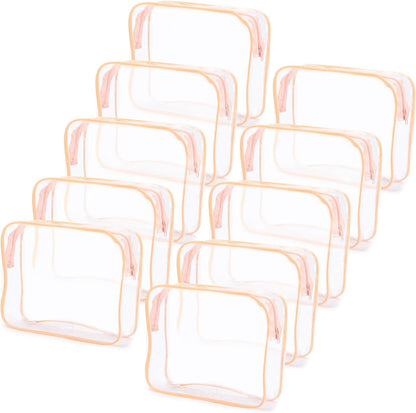 Tbestmax 10 Pack Clear Cosmetic Bags Makeup Bags Portable Waterproof TSA Approved Travel Toiletry Bags Large Organizer Peach Pink, 9.8" x 7.1" x 2.4"
