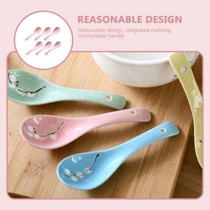6pcs Japanese Ceramic Porridge Spoons Pink Small Soup Spoons Household Kitchen Utensils for Dining and Restaurant Use