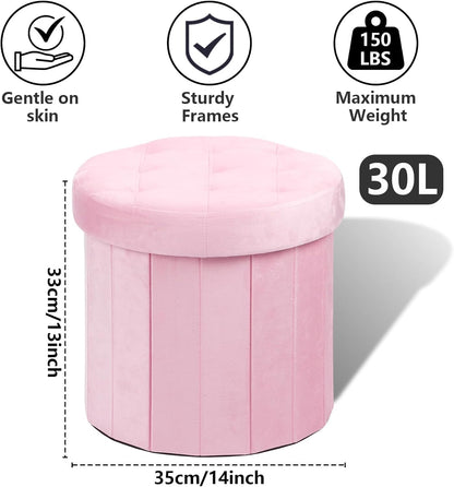 AmasSmile Storage Ottoman Folding Foot Rest Stool, 14x14x13 inch Small Leather Footstool Bench, Short Ottoman Bench, Storage Foot Rest Store, Blanket Chest, Rose Pink