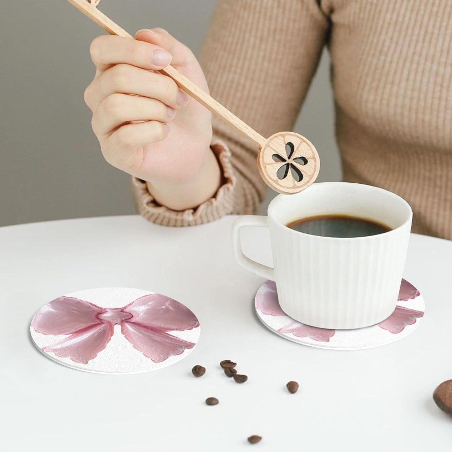 Light Pink Bow Balloon Drinks Coasters Set of 4 Leather Drink Coasters for Tabletop Protection Heat Resistant Bar Cup Mat Pad