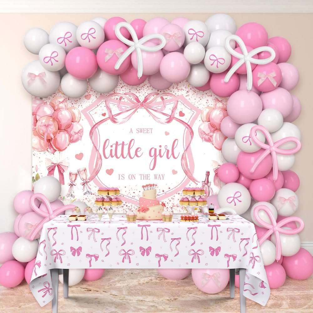 AIBIIN 120Pcs Pink Baby Shower Decorations for Girls, Pink Bows A Sweet Little Girl is on The Way Coquette Backdrop Balloon Set with Bow Tablecloth Newborn It's A Girl Party Banner Photo Booth Props