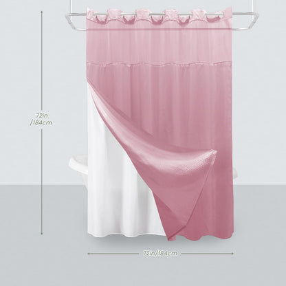 Inhousolu No Hook Shower Curtain with Snap-in Fabric Liner, Waffle Weave 230 GSM Polyester, Weighted Hem, Water Repellent Washable, Mesh Top Window 72" W x 72" L Pink