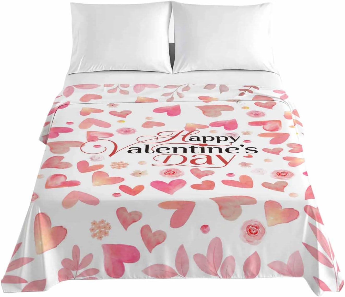 Valentine's Day Full Size Sheets - Hotel Quality Full Flat Sheet Only 1 Pack, Peach Pink Love Floral Modern Romantic Soft Bed Sheet Brushed Microfiber Bedding Top Sheets for Home Dorm