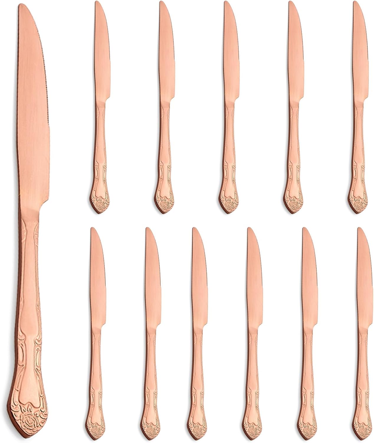 Matte Rose Gold Dinner Knives Set of 12, 9.3-Inch Stainless Steel Satin Finish Dinner Table Knife Set, Rose Pattern Design Heavy Duty Metal Knives, Dishwasher Safe for Home Restaurant