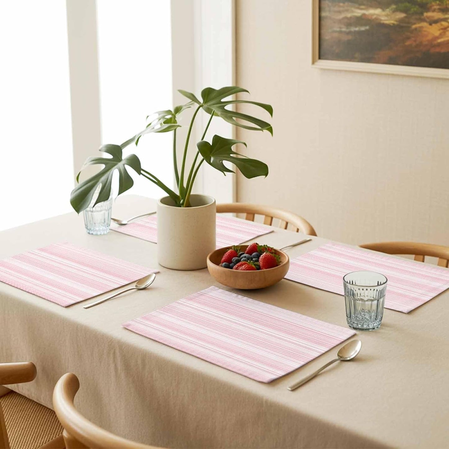 Pink Stripes Placemat Set of 6 Non-Slip Placemats for Dining Table Classic Striped Lines Washable Table Mats, Heat Resistant Kitchen Table Mats for Party, Dining Room & Home Decor