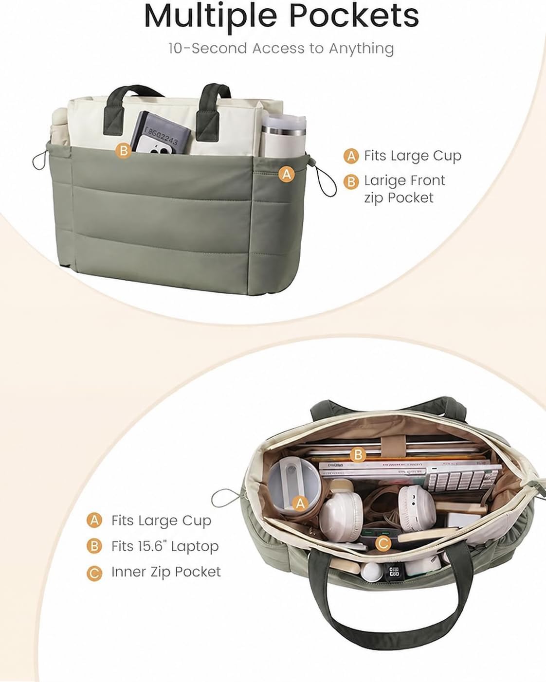 LOVEVOOK Tote Bag for Women with Giant Tumbler Holder Pocket, Puffer Work Travel Laptop Handbag with Zipper for Nurse Teacher