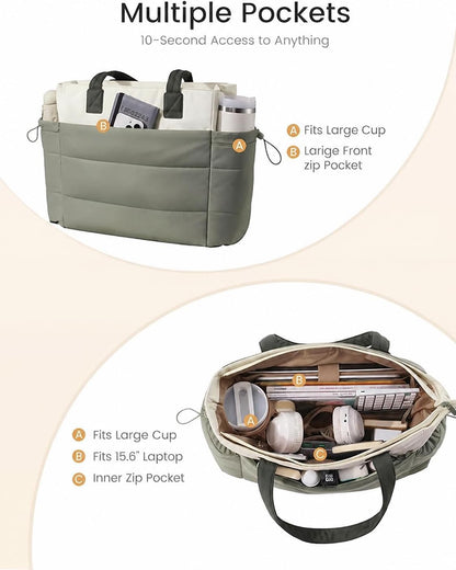 LOVEVOOK Tote Bag for Women with Giant Tumbler Holder Pocket, Puffer Work Travel Laptop Handbag with Zipper for Nurse Teacher
