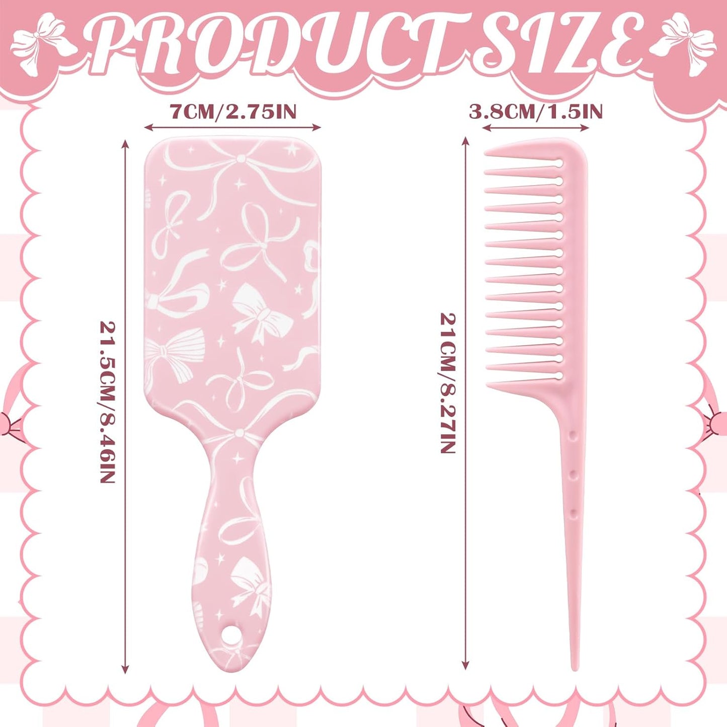 Weysat Coquette Bow Paddle Hair Brush Set Cute Hair Brush Pastel Pink Detangle Tail Comb Set Bow Print Anti Static Air Cushion Wide Tooth for Women Girl Gift Soft Health and Massage Scalp