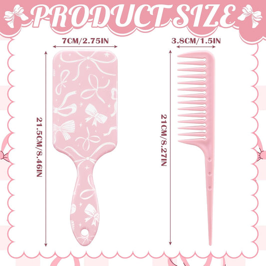 Weysat Coquette Bow Paddle Hair Brush Set Cute Hair Brush Pastel Pink Detangle Tail Comb Set Bow Print Anti Static Air Cushion Wide Tooth for Women Girl Gift Soft Health and Massage Scalp