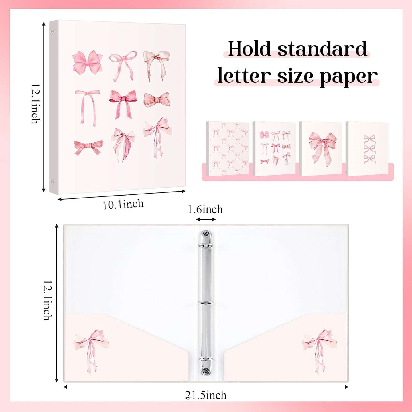 ReliThick 4 Pcs Letter Size Cute Bow 3 Ring Binder, 1 Inch Round Ring with Interior Pockets, Decorative Cute Binders, Clipboard Binder, Coquette School Supplies for School Office(Pink)