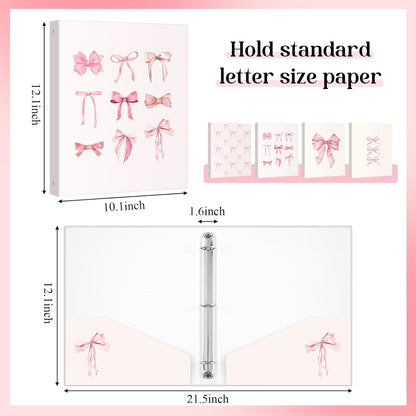ReliThick 4 Pcs Letter Size Cute Bow 3 Ring Binder, 1 Inch Round Ring with Interior Pockets, Decorative Cute Binders, Clipboard Binder, Coquette School Supplies for School Office(Pink)