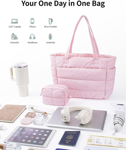Narwey Nylon Puffer Tote Bag for Women, Puffy Work Nurse Teacher Tote Bag, Quilted Shoulder Bag for Travel, Gym, Gifts