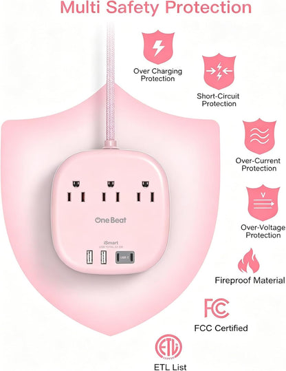 Cruise Ship Travel Essentials, 22.5W/4.5A Flat Plug Power Strip, 6Ft Extension Cord, 3 Outlets 4 USB Ports (2 USB C) Cruise Approved Power Strip No Surge Protection, Desktop Charging Station, Pink