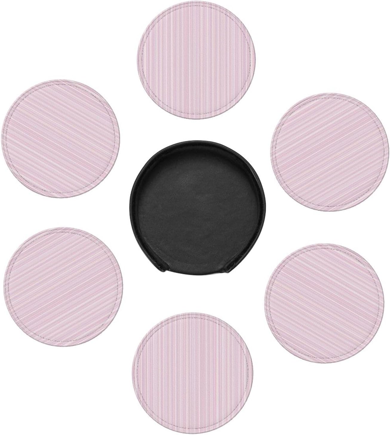 Pastel Light Pink Thin Stripes Pattern Premium Leather Coasters, Set of 6 with Holder, Stylish Beverage Coasters for Kitchen Coffee Bar