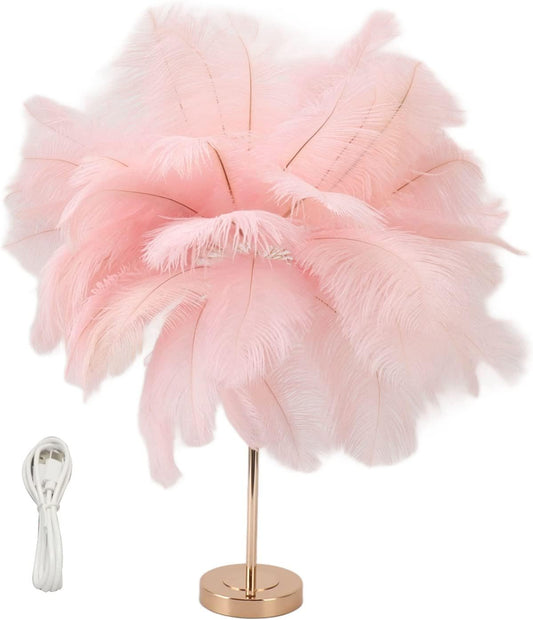 BestAlice Feather Lamp, Touch Switch Ostrich Feather Lamp, LED Decorative Atmosphere Light with Feathers, USB Type C Plug 3 Color Dimming Modern Decorative Bedside Light for Bedroom(Pink)