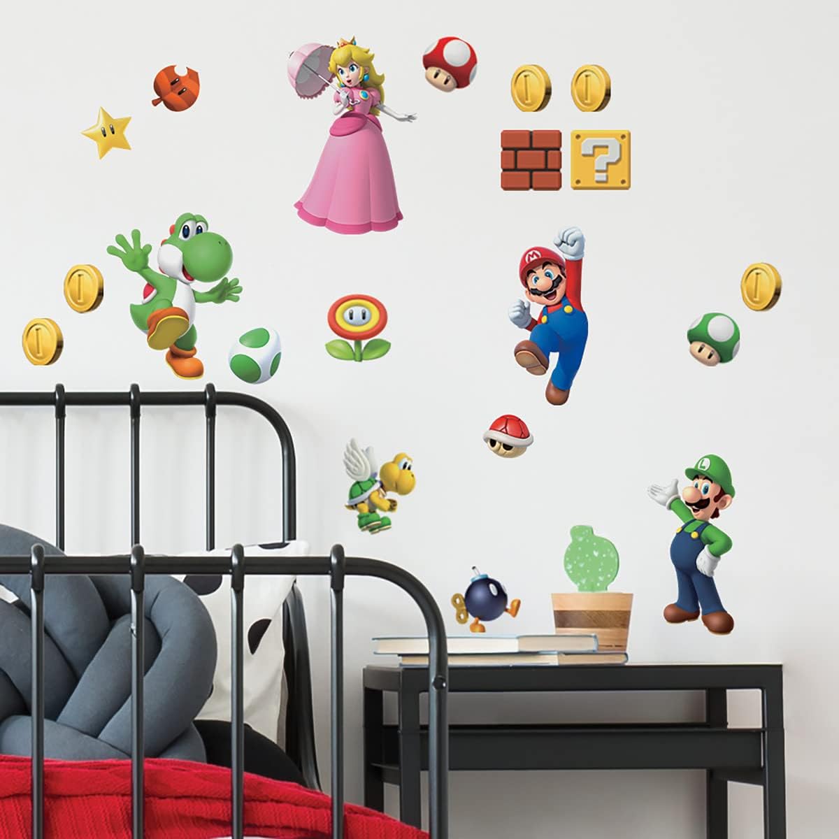 RoomMates Super Mario Brothers Peel and Stick Wall Decals, 20 Decal Set, Vinyl, Red, Blue, Pink, Removable Repositionable, No Sticky Residue, For Renters and Homeowners