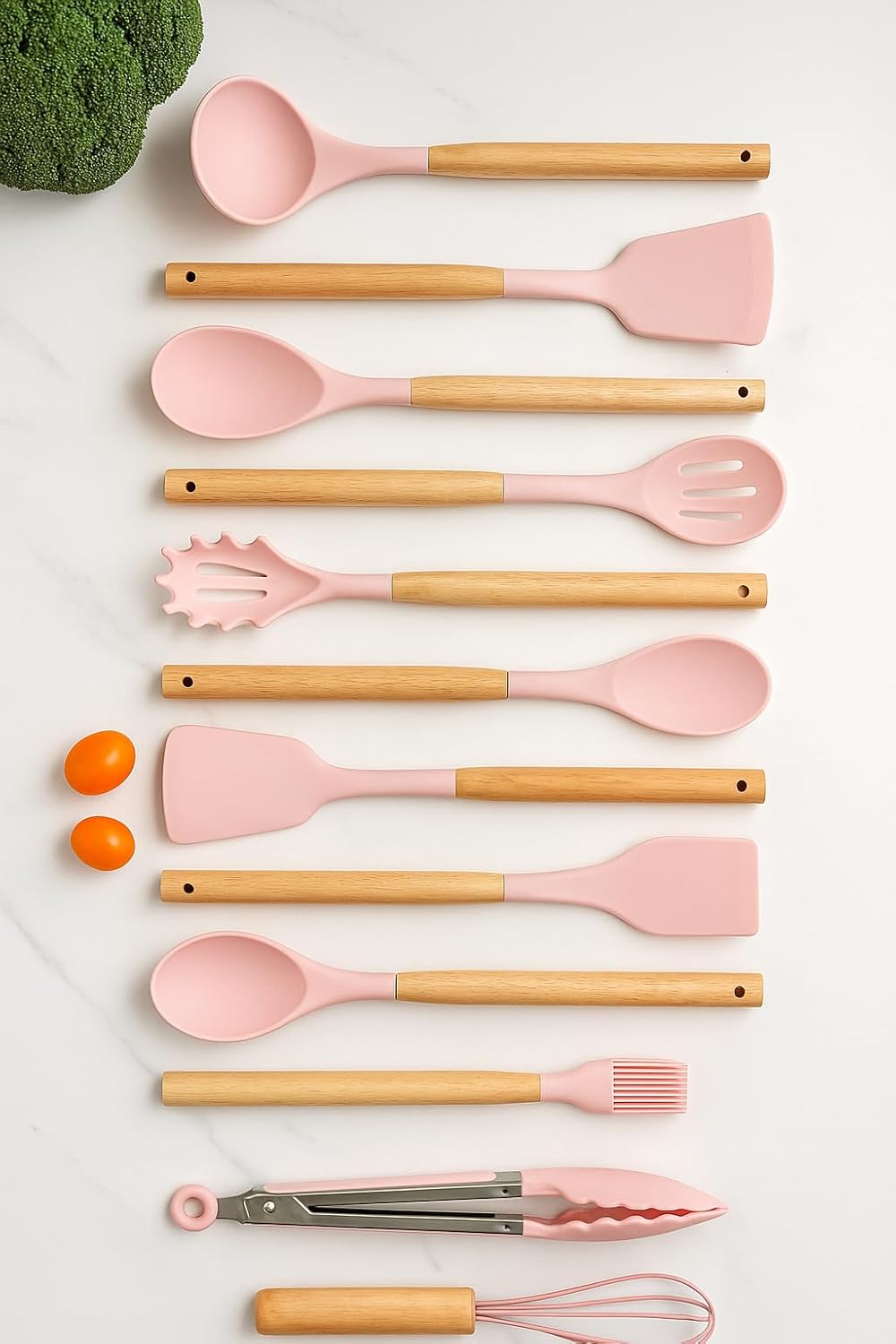 12-Piece Silicone Kitchen Utensil Set: Heat resistant up to 446°F. Includes Turner, Tongs, Spatula, Spoon, Brush, Whisk, Wooden Handles, Holder for Nonstick Cookware. (Pink), Medium