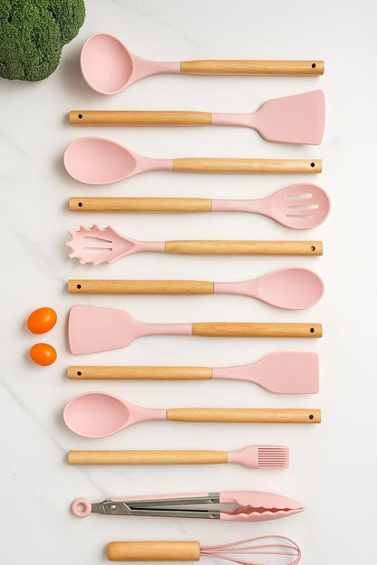12-Piece Silicone Kitchen Utensil Set: Heat resistant up to 446°F. Includes Turner, Tongs, Spatula, Spoon, Brush, Whisk, Wooden Handles, Holder for Nonstick Cookware. (Pink), Medium