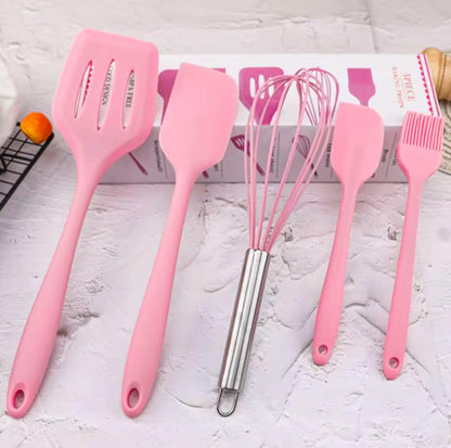 5 piece silicone cooking and baking set PINK, Heat resistant silicone utensils, Non Stick Silicone cooking Set,Brucsh, Whisk,Slotted Spatula, Big Spatula,Small Spatula