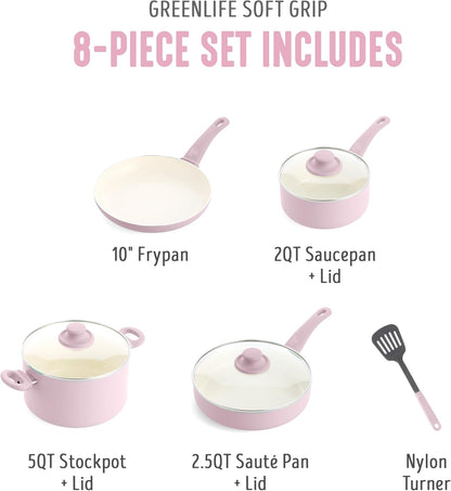 GreenLife 8 Piece Nonstick Cookware Set, Non-Toxic PFAS-Free Ceramic Pots & Pans, Dishwasher & Oven Safe, Frying, Sauce, Stock Pot, Glass Lids, Stay-Cool Handles, Wobble Free, Light Pink