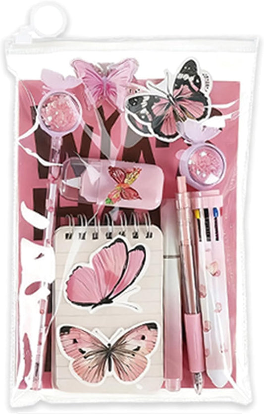 MOZXIRZ 9 Pcs Cute Butterfly Stationery Set for Girls Boys Kids Women Back to School Supplies Office Supplies Kawaii Stationery Gift (Butterfly-Pink)