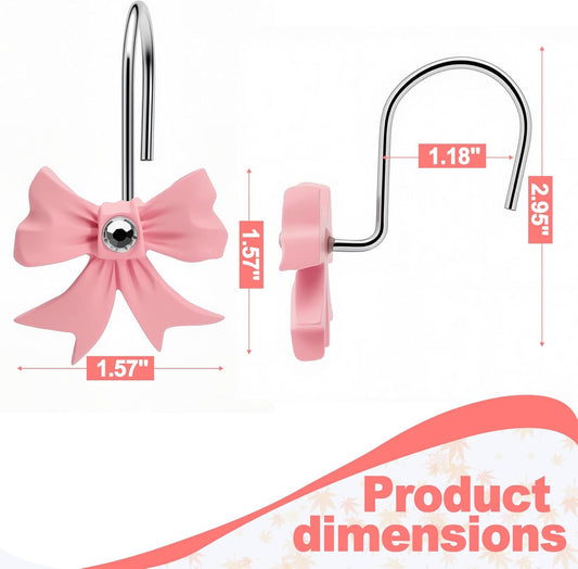 12 Pcs Pink Bow Shower Curtain Hooks, Pink Shower Curtain Hooks for Bathroom and Bedroom Decoration, Cute and Rustproof, Girls Bathroom Decor