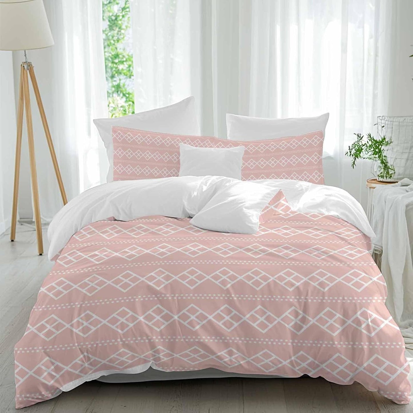 Peach Pink Checkered Full Bed Sheet Set - 3 Pieces (1 Fitted Sheet + 2 Pillowcases), Soft Microfiber Abstract White Geometric Argyle Stripe Sheets with Deep Pockets Decorative Bedding Set
