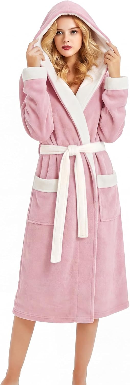 HEARTNICE Womens Hooded Fleece Robe, Soft Bathrobe for Womens, Cute Long House Coat