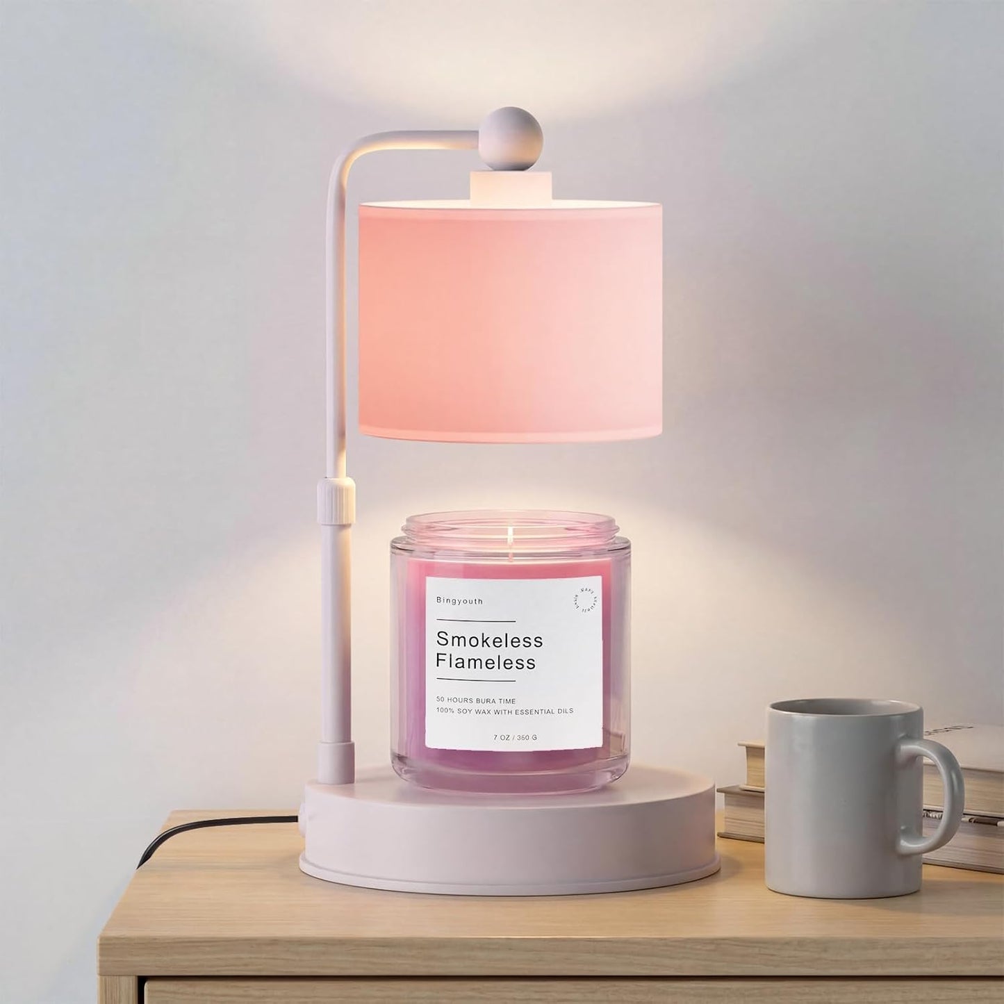 Pink Candle Warmer Lamp with Timer, Modern Farmhouse Dimmable Candle Warmer, Height Adjustable Electric Candle Lamp Warmer with 2 Bulbs, Home Decor for Bedroom-Pink