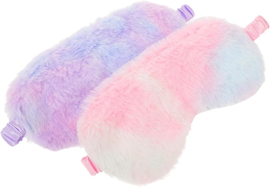 Plush Rabbit Fur Sleep Mask 2pcs with Soft Faux Silk Lining, Light-Blocking Eye Cover for Women Men, Comfortable Travel and Nap Eyemask in Blue and Pink