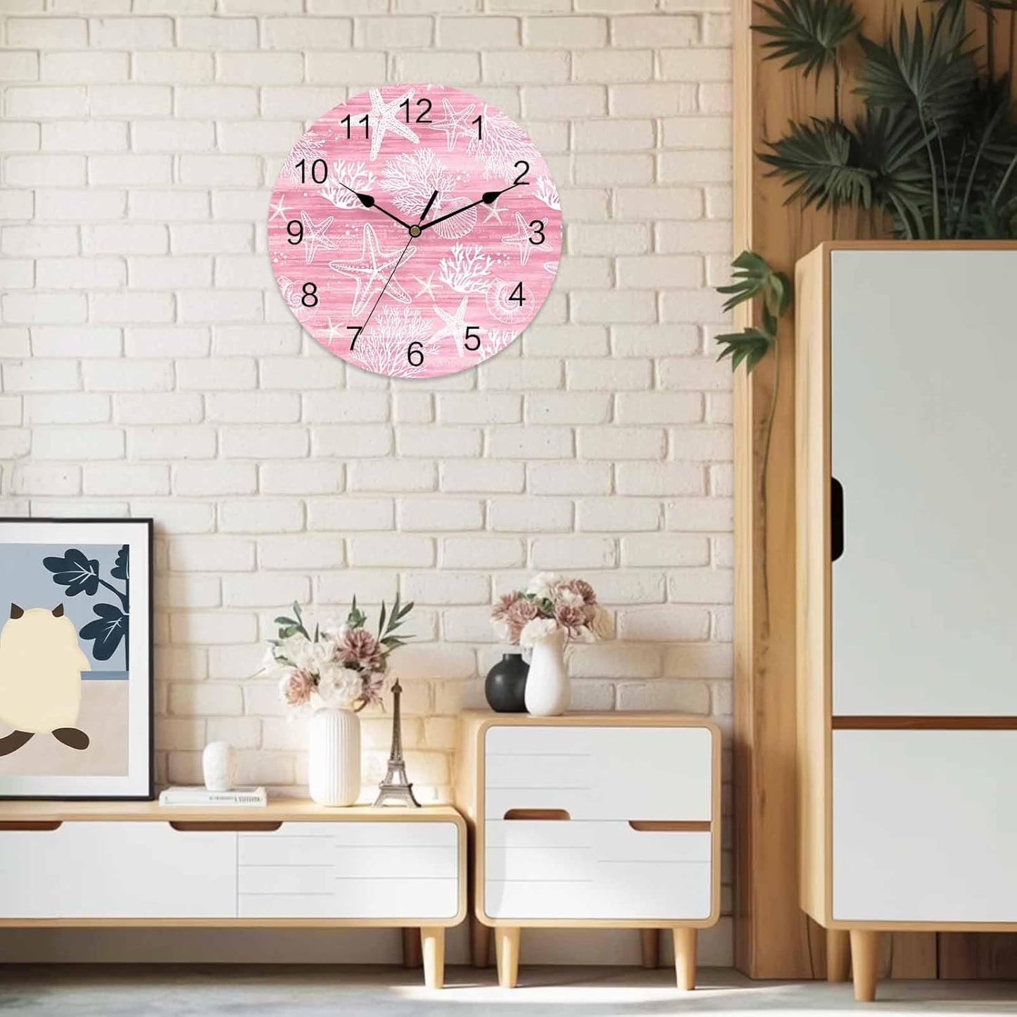 Pink Coastal Wall Clocks Silent Battery Operated PVC Round Clock for Wall Home Decor Summer Beach Starfish Ocean Coral Hanging Clocks for Kitchen Living Room Bedroom 10" x 10"
