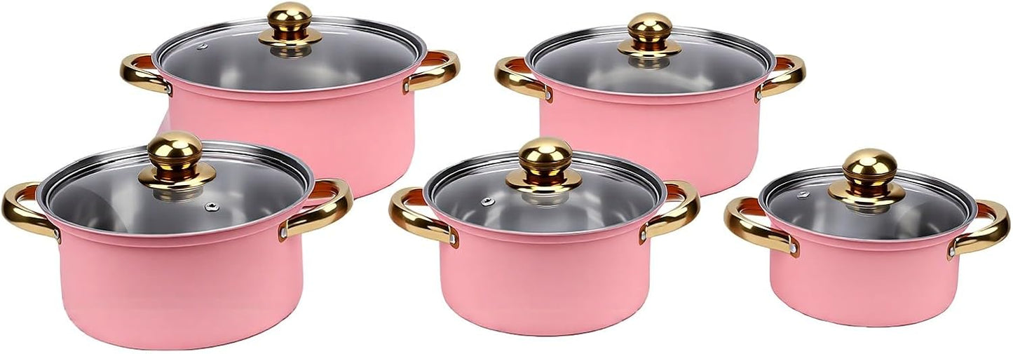 Zerodis 5Pcs Stainless Steel Stock Pot Sets, 16cm/18cm/20cm/22cm/24cm Sauce Pans with Transparent Glass Lids and Handles for Kitchen Cooking Boiling Frying Stewing (Pink)