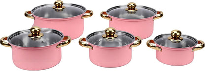 Zerodis 5Pcs Stainless Steel Stock Pot Sets, 16cm/18cm/20cm/22cm/24cm Sauce Pans with Transparent Glass Lids and Handles for Kitchen Cooking Boiling Frying Stewing (Pink)