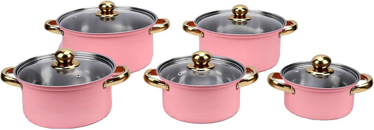 Zerodis 5Pcs Stainless Steel Stock Pot Sets, 16cm/18cm/20cm/22cm/24cm Sauce Pans with Transparent Glass Lids and Handles for Kitchen Cooking Boiling Frying Stewing (Pink)