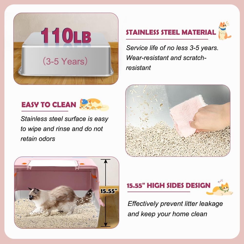 Vivifying Pink Stainless Steel Covered Cat Litter Box – Odor-Control, Easy-Clean Modular Enclosed Kitty Toilet, Elegant Design for Stylish Cat Moms