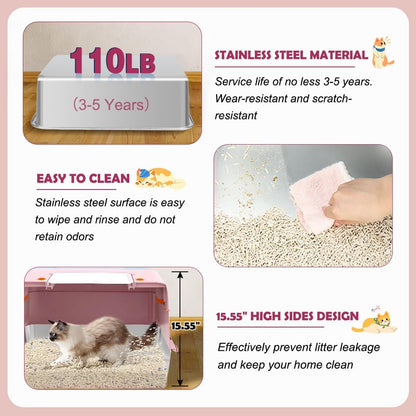 Vivifying Pink Stainless Steel Covered Cat Litter Box – Odor-Control, Easy-Clean Modular Enclosed Kitty Toilet, Elegant Design for Stylish Cat Moms