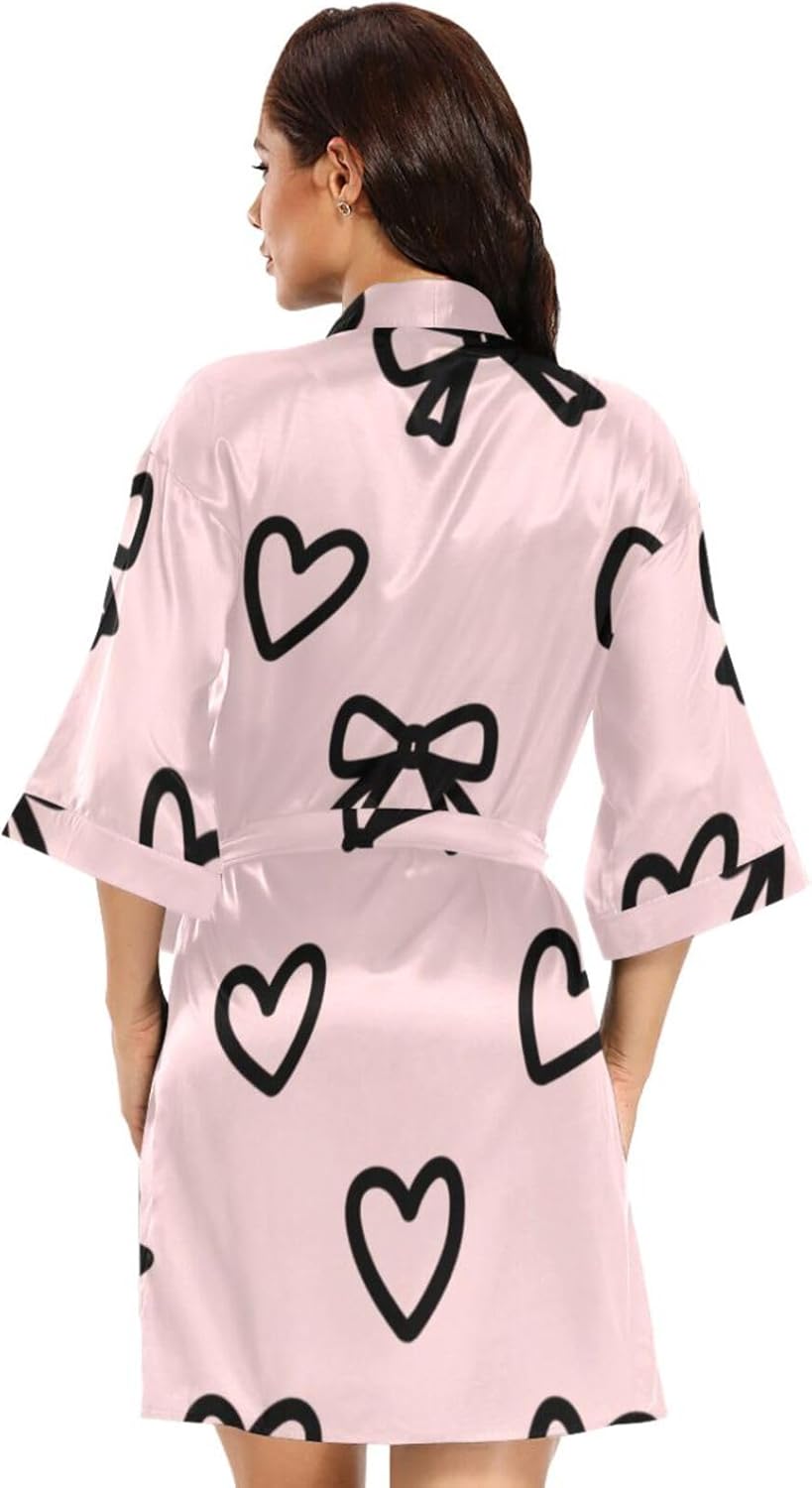 Pink Bow Heart Woman's Bathrobes with Pockets Summer Robe after Shower