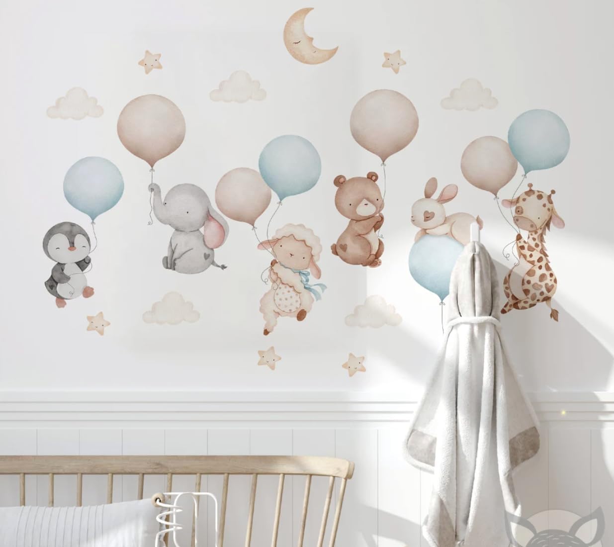 Pink Balloons with Baby Animals Wall Decal - Cute Baby Animal Wall Sticker for Nursery - Pink Nursery Decor with Sheep Elephant Bear Cat Giraffe - Removable Kids Room Vinyl Art Mural (Blue, Set2)