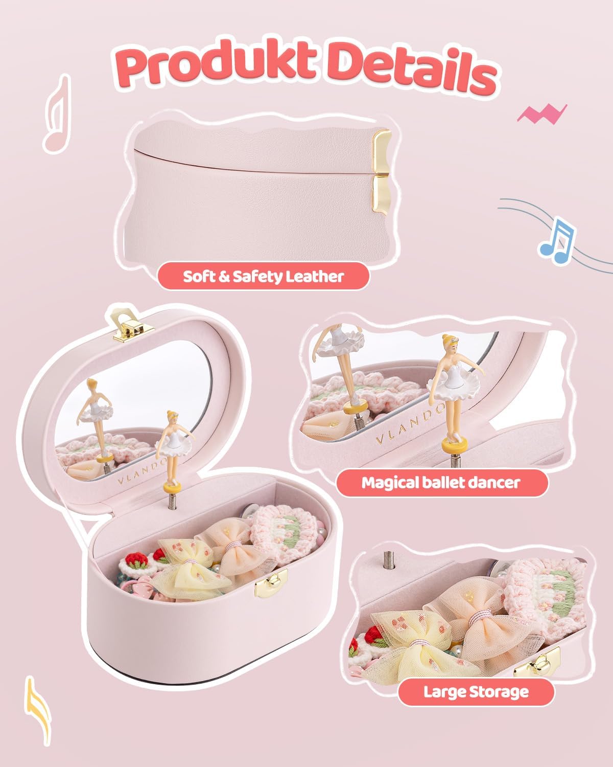 VLANDO Musical Jewelry Box for Girls - Kid Music Box with Ballerina for Birthday Bedroom Decor - Birthday Gift for Girls Ages 4 5 6 7 8-12 Year Old - Pink