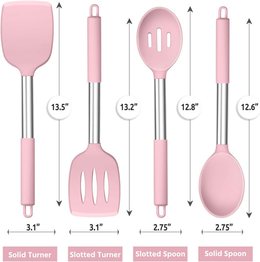 E-far Cooking Utensils Set of 4, Silicone Kitchen Utensils for Non-stick Cookware, Heat Resistant & Non-toxic Slotted Spatula Solid Spoon Turner for Flipping Mixing Serving Basting(Pink)