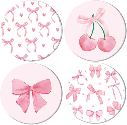 FYSUIMU 4Pcs Pink Bow Coasters Cute Coquette Bowknots Ceramic Drink Coasters Absorbent Bow Cherries Cup Mat for Mother's Day Valentines Baby Shower Birthday Home Kitchen Office Party Table Decor